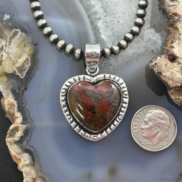 Sterling Silver Southwestern Style Sean Agate Heart Decorated Pendant For Women - Picture 8 of 10
